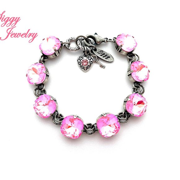 Pink and Orange Sun Kissed Crystal Bracelet, Cushion Cut 12mm Rounded Square - Picture 1 of 6